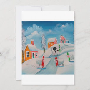 Carte hiver neige scène moutons folk art