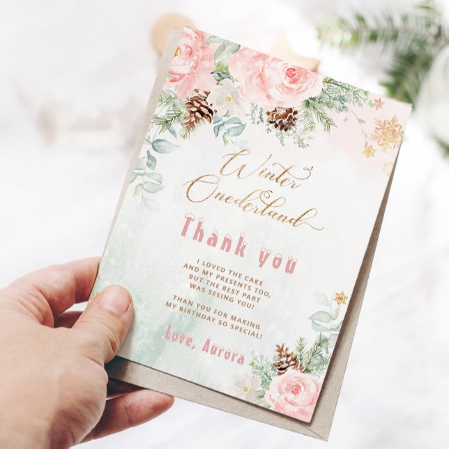 Carte Hiver onederland rose vif anniversaire merci (Créateur téléchargé)