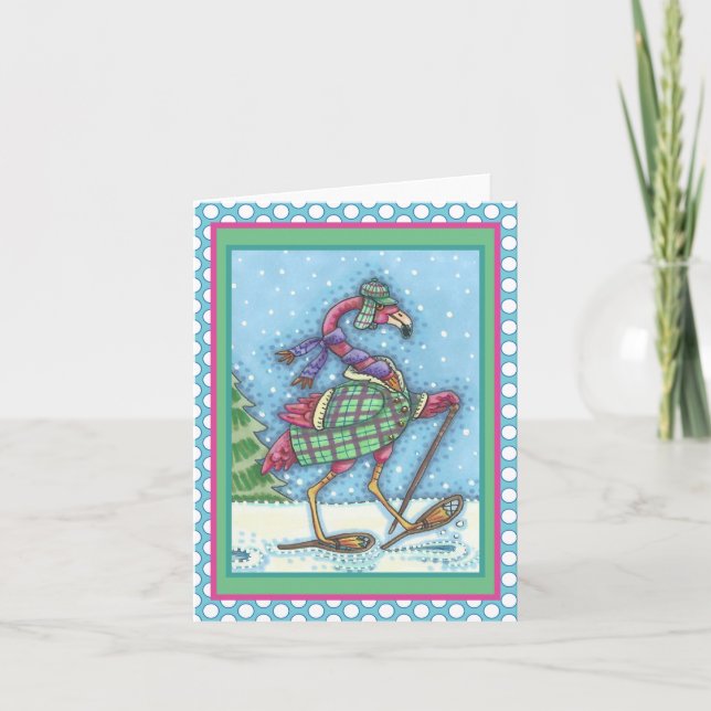 CARTE HIVER SNOWSHOOWS & COAT PINK FLAMANT ROSE TREKKING (Devant)