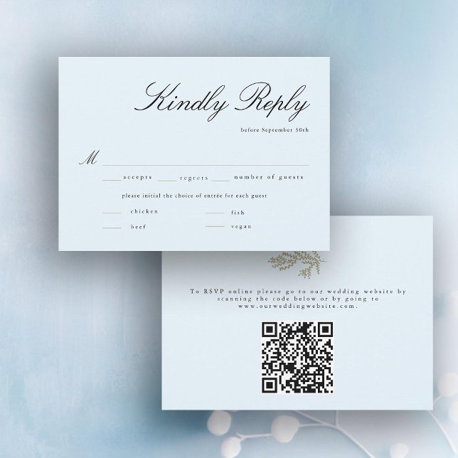 Carte Hivernage Botanique QR Code Repas Mariage RSVP (ice blue winter wedding rsvp card meal choice qr code gold botanical foliage elegant modern classic)