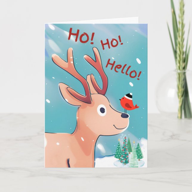 Carte Ho Ho Bonjour Noël mignonne bébé cerf dans la neig (Devant)