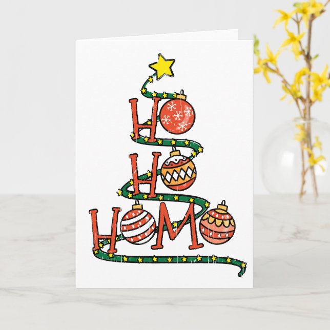 Carte "Ho Ho Homo" Gay sapin de Noël avec des balles drô (Fleur jaune)