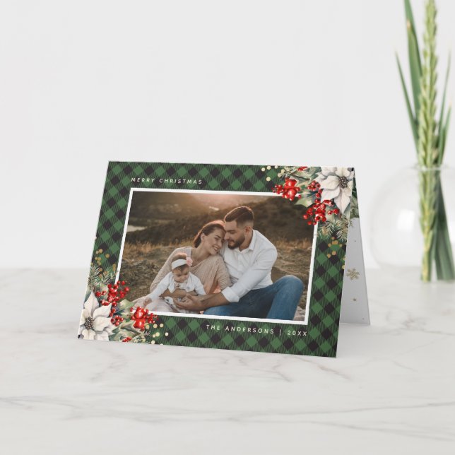 Carte Holly Berries Poinsettia Green Photo Christmas (Devant)