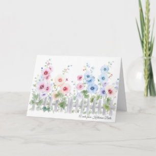 Carte Hollyhocks & Clôture en Bois Rustique Aquarelle