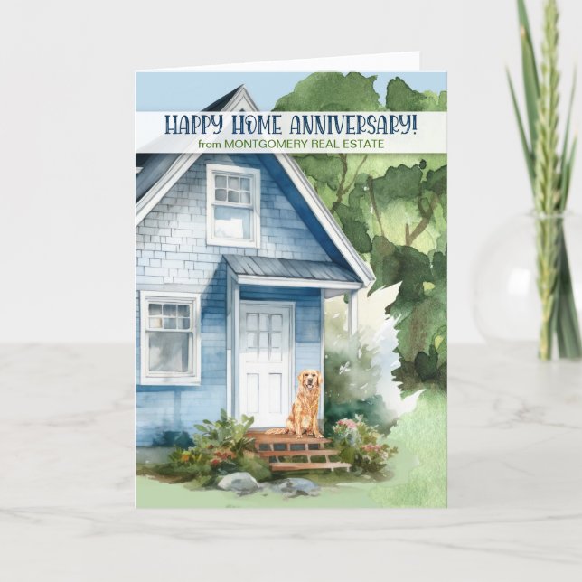 Carte Home Anniversary Realtor Blue House and Dog Custom (Devant)