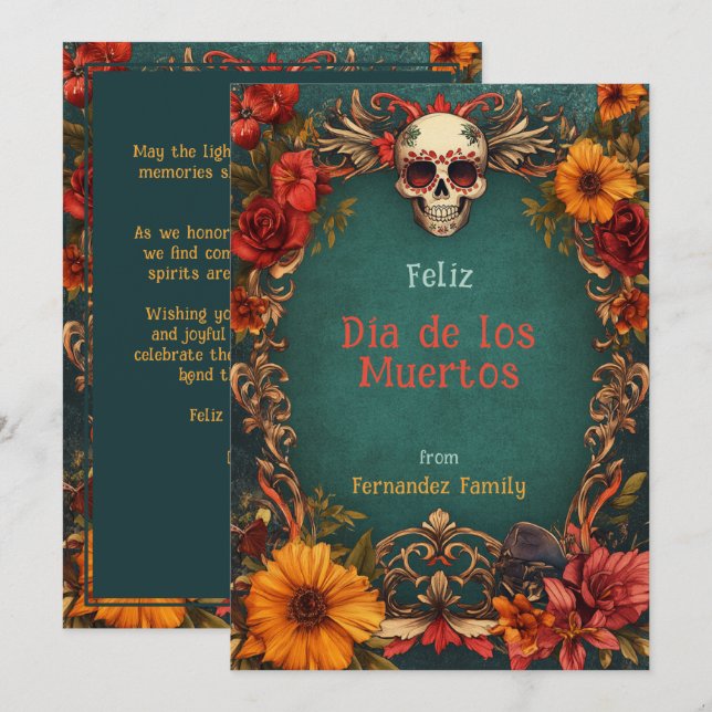 Carte 💀 Hommage Floral Personnalisable Dia de Muertos (Devant / Derrière)