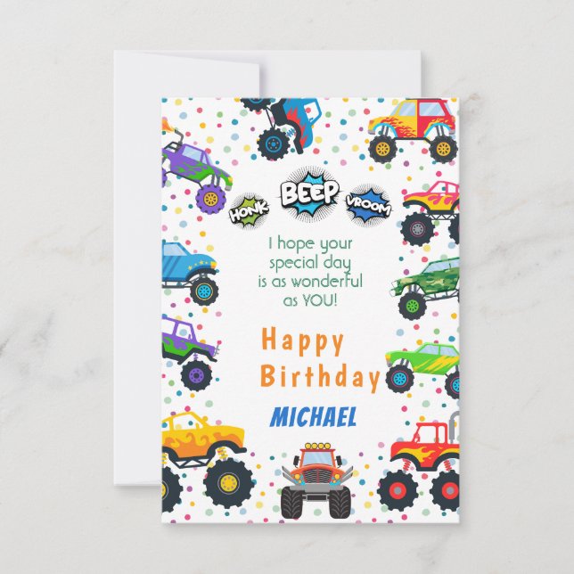 Carte Honneur beep vroom camionnettes anniversaire voeux (Devant)
