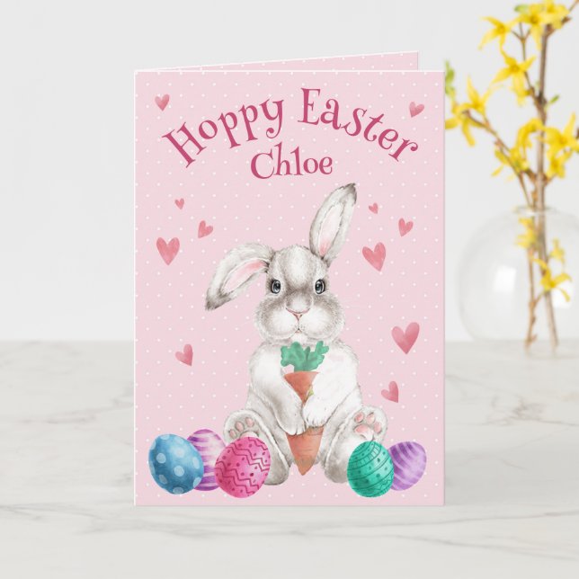 Carte HOPPY EASTER Aquarelle Bunny Personnalisé (Fleur jaune)