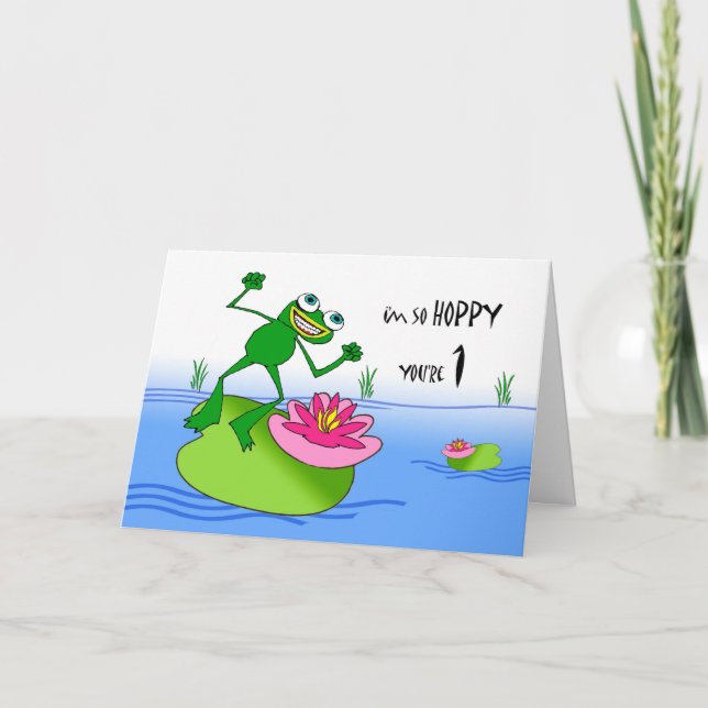 Carte Hoppy premier anniversaire, Grenouille drôle à l'é (Devant)