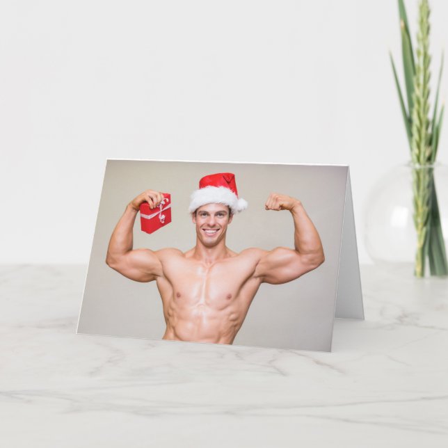 Carte Hot Guy Biceps Santa Hat Sexy Shirless Christmas (Devant)