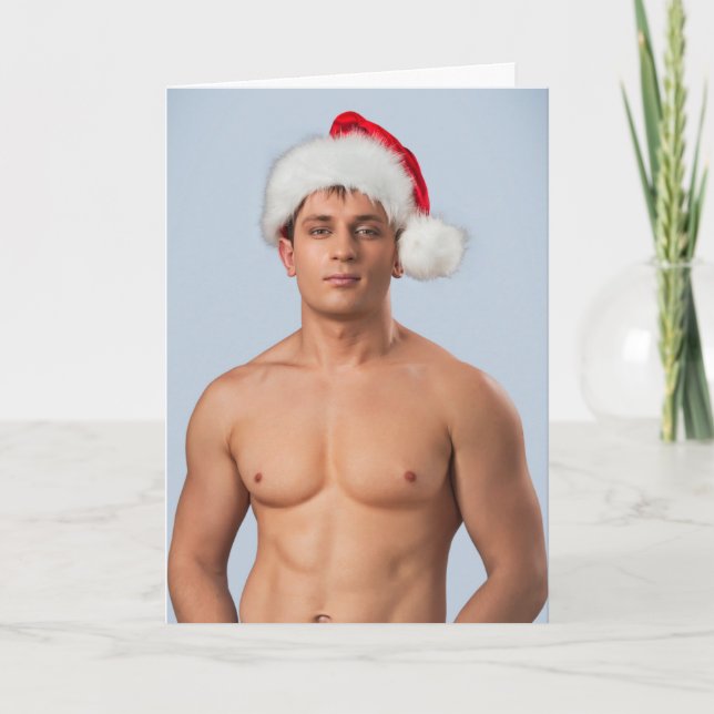 Carte Hot Guy Sexy Shirless Muscle Santa Hat Noël (Devant)