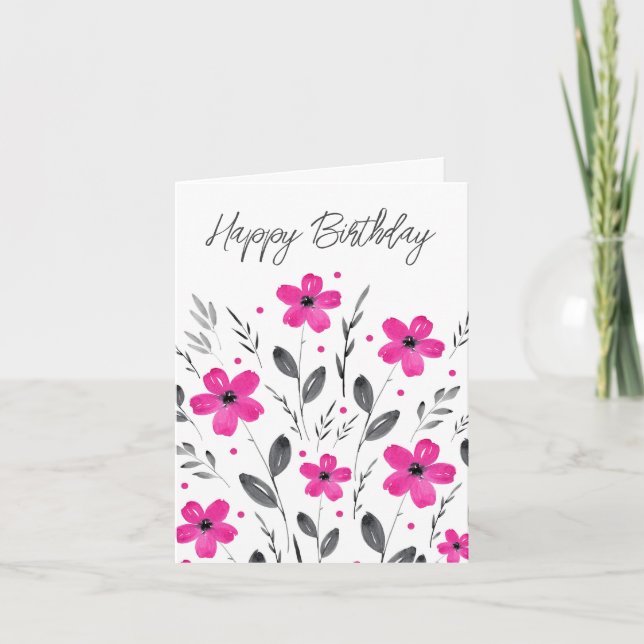 Carte Hot rose gris cinq pétales Aquarelle Motif Floral (Devant)