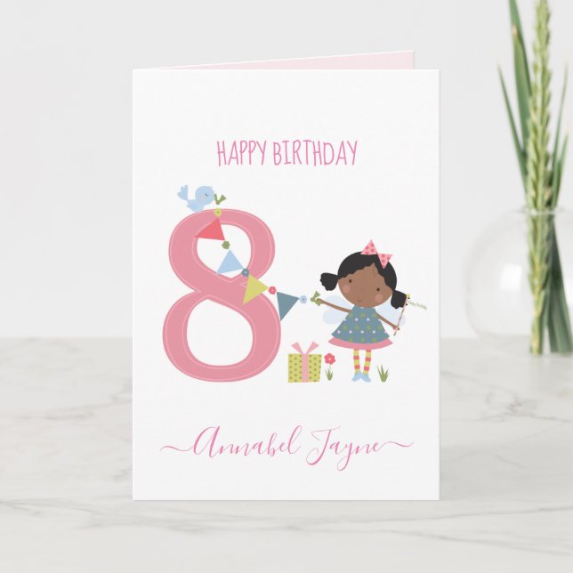 Carte Huitième anniversaire fée mignon rose personnalisé (Devant)
