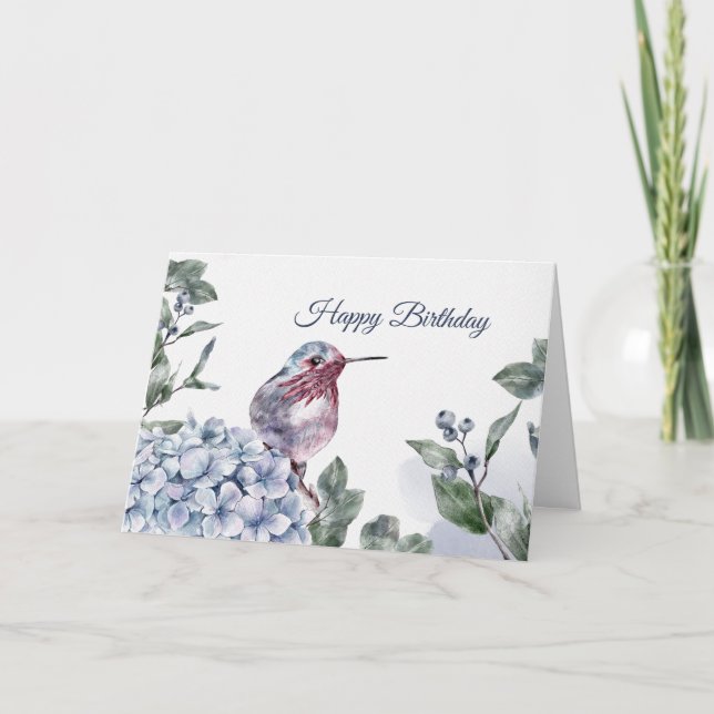 Carte Hummingbird Blue Hydrangea Aquarelle Anniversaire (Devant)