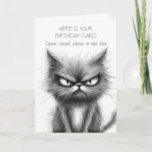 Carte Humour grincheux Chat en simple croquis noir et bl (Devant)