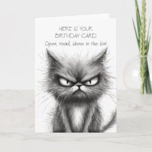 Carte Humour grincheux Chat en simple croquis noir et bl
