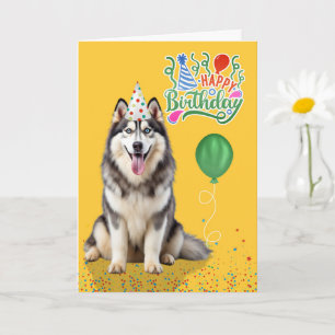 Carte Husky Chien dans un Chapeau de Fête sur Anniversai
