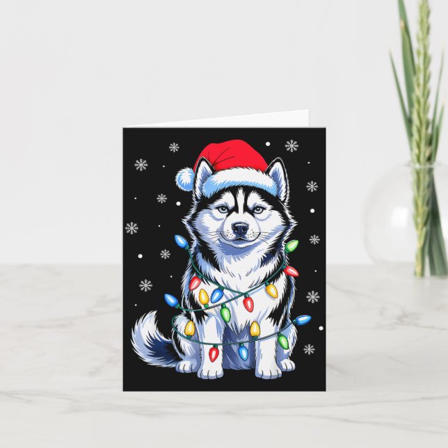 Carte Husky Dog Christmas Lights Santa Hat Family Xmas P (Devant)