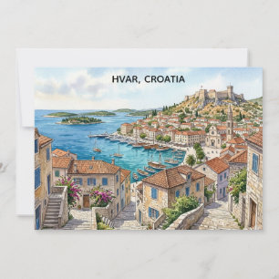 Carte Hvar Croatie Vue panoramique à l'aquarelle Voyage