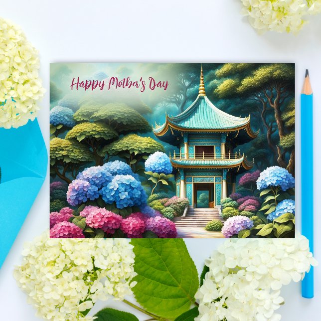Carte Hydrangeas Pagode Fête des Mères du Monde (Capture tranquility and love with Hydrangeas Pagoda World Mother's Day card.)