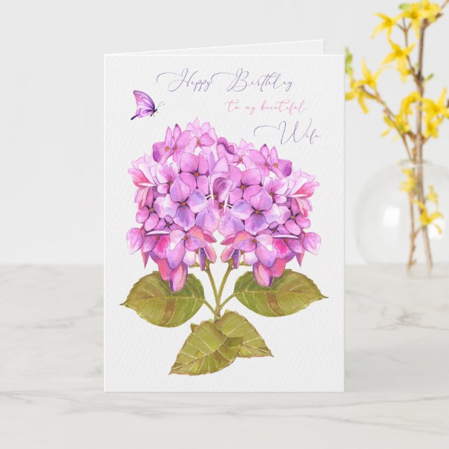 Carte Hydrangée et papillon d'anniversaire de la femme (Fleur jaune)