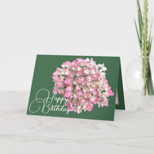 Carte Hydrangée rose/blanc Vert arrière-plan Joyeux anni (Devant)