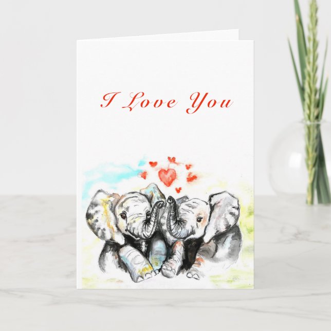 Carte I Love You Card Couple Elephants - Peinture (Devant)