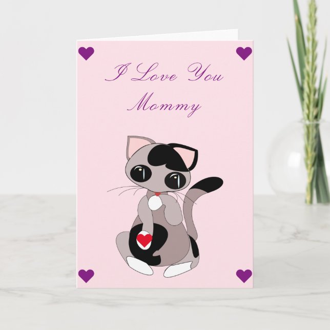 Carte I Love You Mom Baby Card Chat avec cadeau de coeur (Devant)
