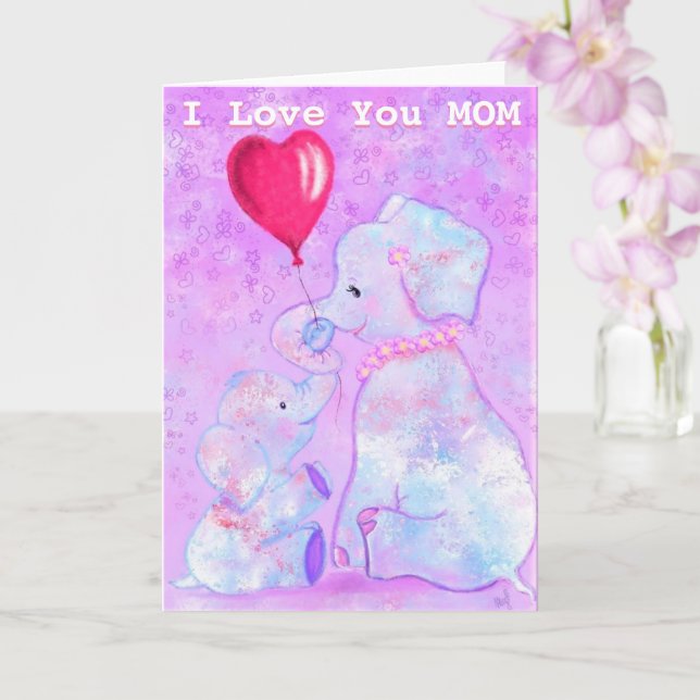 Carte I Love You Mom Card Elephant Mom and Baby (Orchidée)