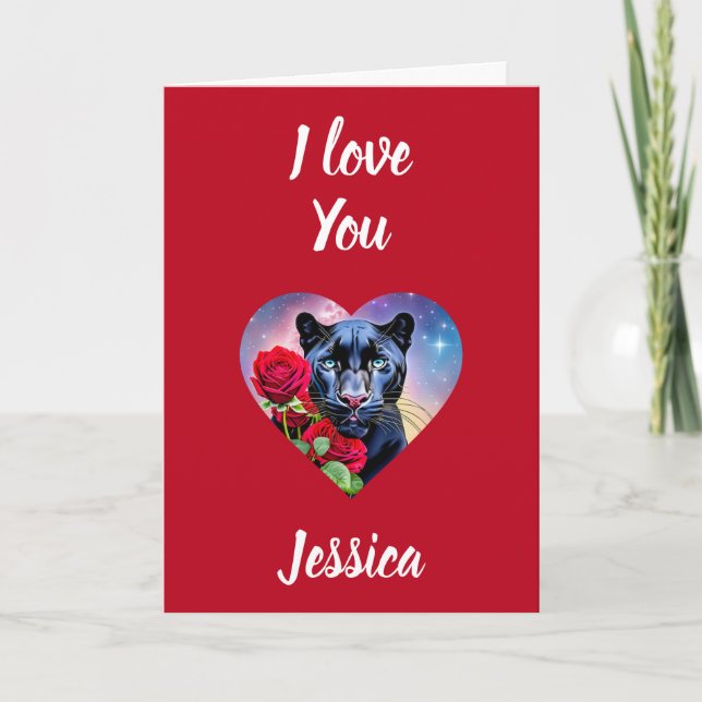 Carte I Love You Nom personnalisé Panther et Roses rouge (Devant)