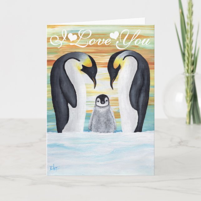 Carte I Love You Penguin Famille avec Baby Penguin (Devant)