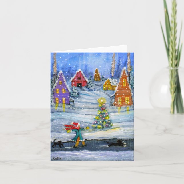 Carte "Ice Slider" Winter holiday card with cats. (Devant)