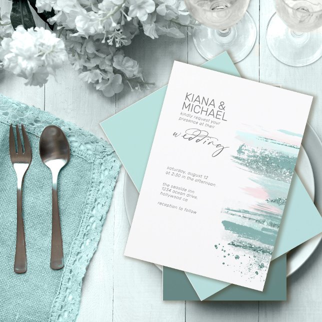 Carte ID Turquoise Mariage Abstrait des traits de peintu (Créateur téléchargé)