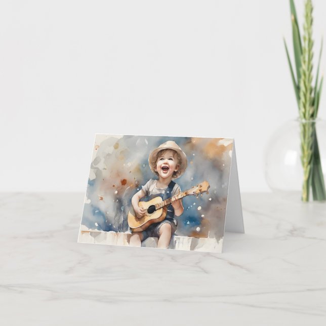 Carte Illustration aquarelle Guitare Garçon Vide  (Devant)