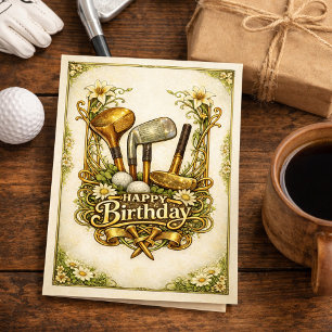 Carte Illustration d'anniversaire de golf antique doré