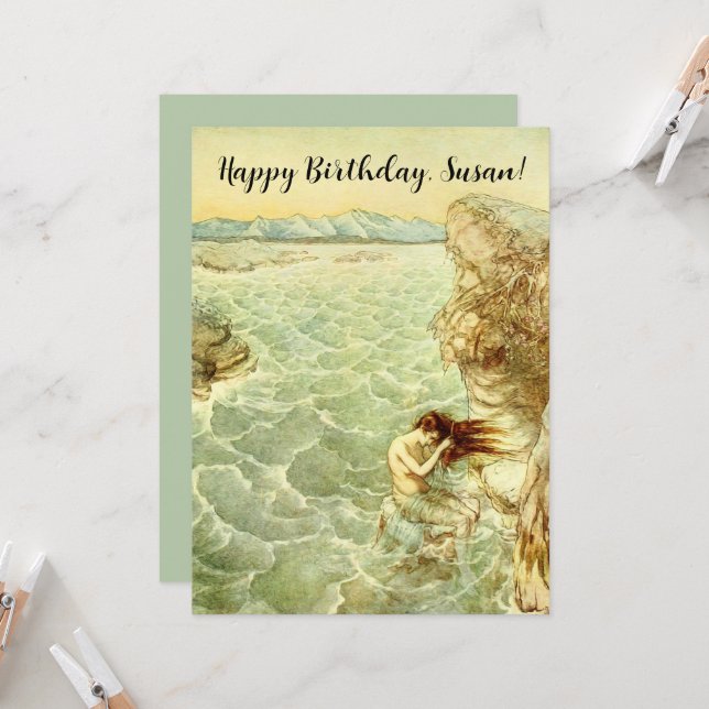 Carte Illustration d'Arthur Rackham Nymphe sur un rocher (Devant/Arrière en situation)