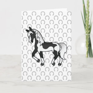 Carte Illustration de cheval trottant Pinto noir de dess