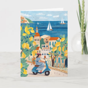 Carte Illustration de femme méditerranéenne en scooter V