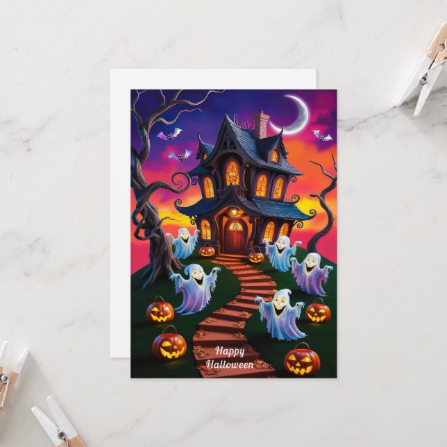 Carte Illustration de la maison hantée d'Halloween éffra (Devant/Arrière en situation)