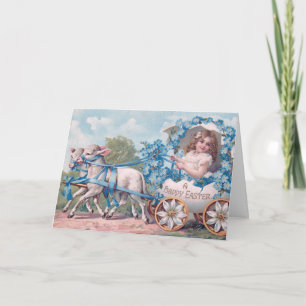 Carte Illustration de Pâques vintage avec fille et agnea