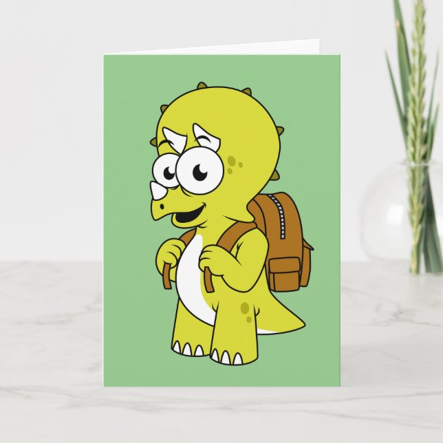 Carte Illustration De Tricératops Avec Sac À Dos. (Devant)
