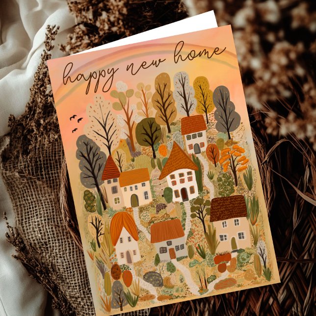 Carte Illustration de village champêtre d'automne pour u (HAPPY NEW HOME Congratulation on Moving to a New House Autumn Country Village Illustration Card
)