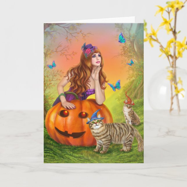 Carte Illustration d'Halloween Une belle sorcière aux ch (Fleur jaune)