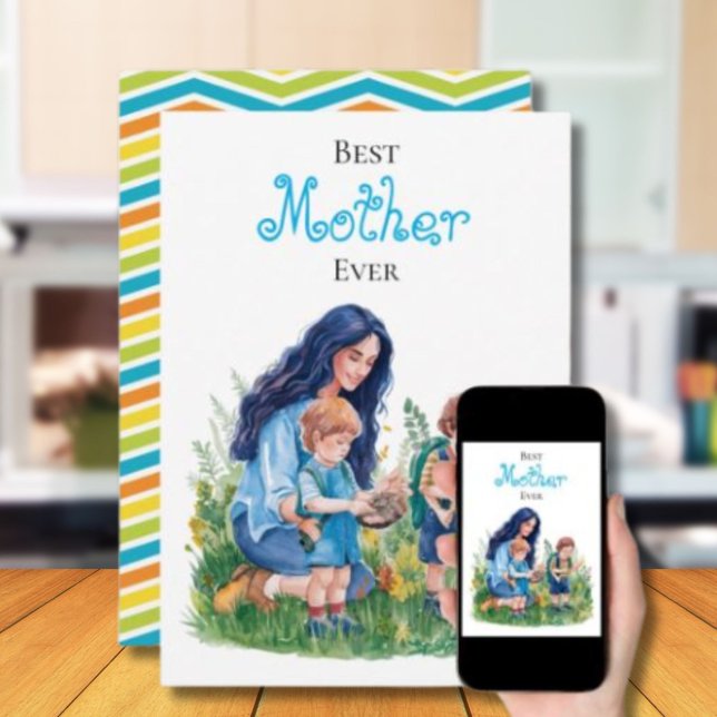 Carte Illustration du jardinage d'aquarelle mère & fils (Créateur téléchargé)