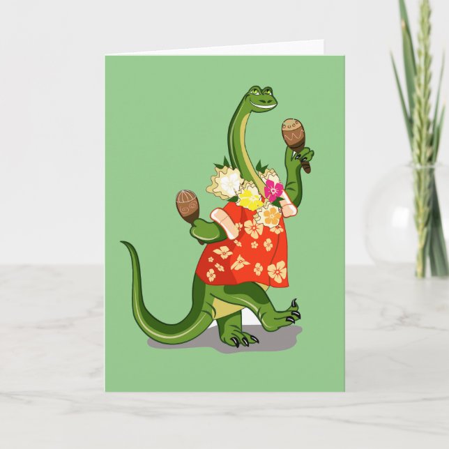 Carte Illustration D'Un Brontosaurus Jouant À Maracas. (Devant)