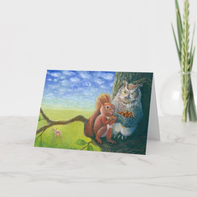Carte Illustration d'un écureuil et d'un hibou sage avec (Devant)