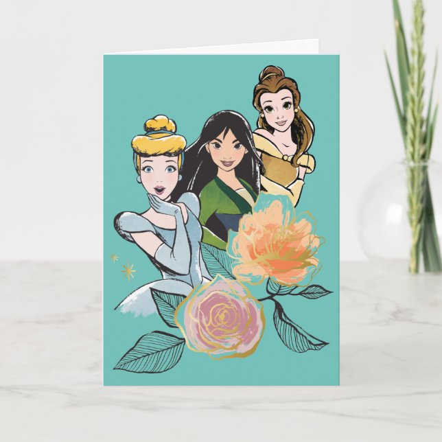 Carte Illustration florale Cendrillon, Mulan et Belle (Devant)