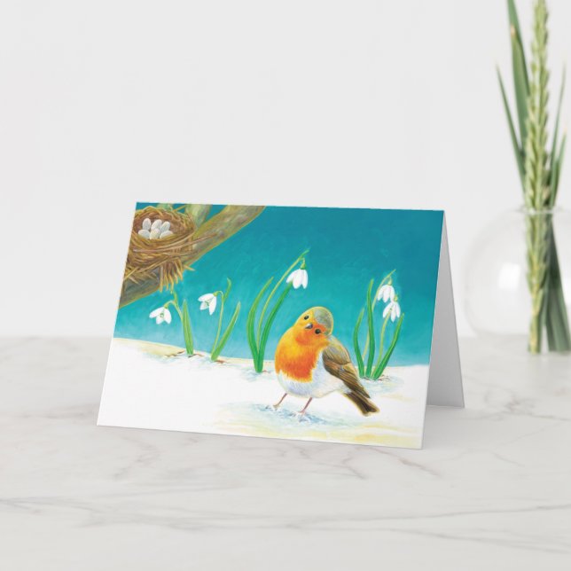Carte Illustration Red Robin Bird & Spring Snowdrops (Devant)