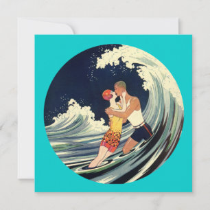 Carte Illustration vintage d'amants surfeurs s'embrassan