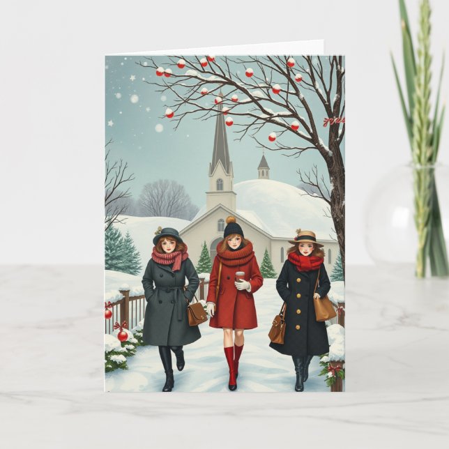 Carte Illustration vintage de personnes sortant de l'égl (Devant)